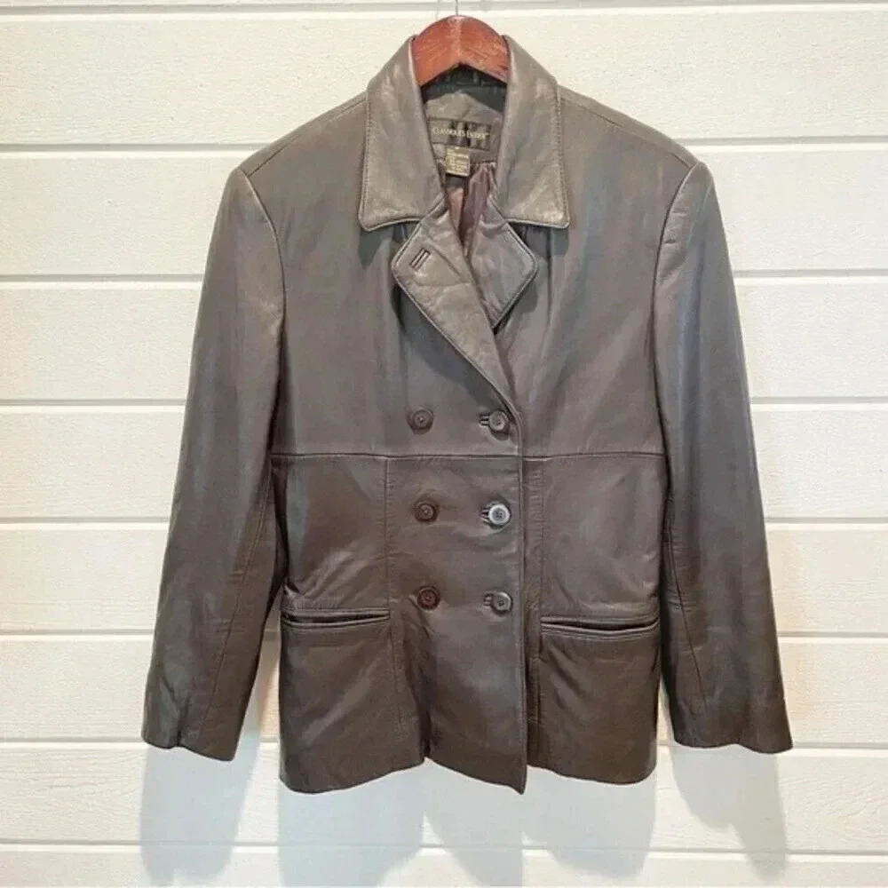Classiques Entier Genuine Leather Double Breasted Blazer in Brown Size M